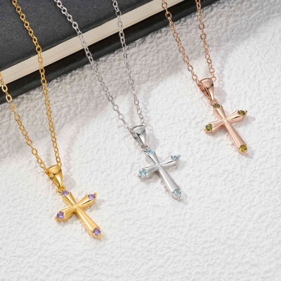Personalized Cross Necklace with Birthstone, Sterling Silver 925 Dainty Christian Jewelry, Birthday/Christening/First Communion Gift for Women/Girls