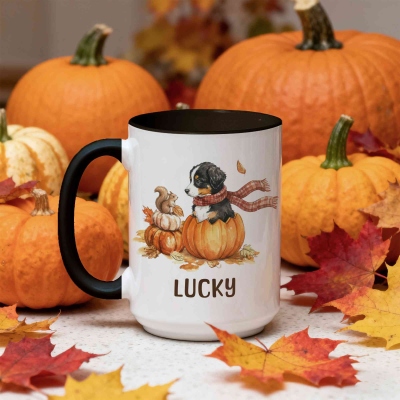 Custom Fall Pumpkins Dog Mug, Personalized Name Coffee Cup with Coaster, Thanksgiving Birthday Gift for Dog Owner Lover