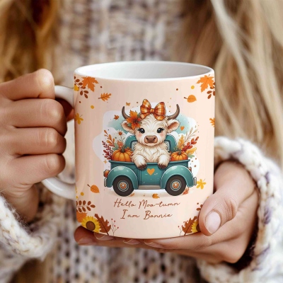 Personalised Autumn Highland Cow Pumpkins Mug, Thanksgiving Coffee Cup with Coaster and Name, Thanksgiving Gift for Highland Cow Lover