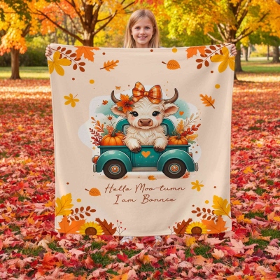 Personalised Autumn Highland Cow Pumpkins Blanket, Thanksgiving Blanket with Name, Thanksgiving Birthday Gift for Highland Cow Lover