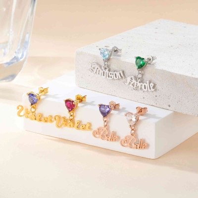 Personalized Names Stud Earrings with Heart Birthstones, Sterling Silver 925 Dainty Name Studs, Birthday/Anniversary Gift for Her/Mom/Bestie/Women