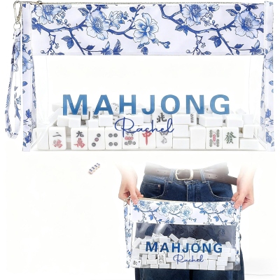Personalized Blue and White Porcelain Mahjong Storage Bag, Customized Name, Large Capacity Waterproof Transparent Storage Bag, A Gift for Mahjong Lovers