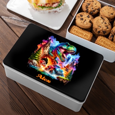 Custom Name Monster Truck & Dinosaur Treat Tin with Lid, Biscuit Box Tinplate Container, Holiday Party Favor, Birthday/Christmas Gift for Boys/Kids