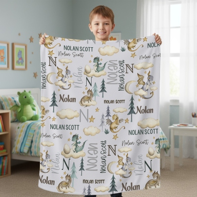 Custom Name Fairytale Dragon Blanket, Flannel/Sherpa Bed Couch Throw, Nursery Swaddle Blanket, Home Decor, Baby Shower/Birthday Gift for Newborns/Boys
