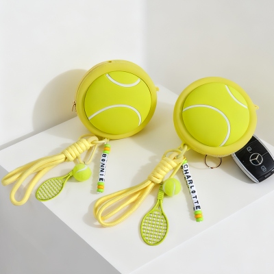 Personalized Name Beaded Tennis Ball Pouch with Racket and Ball Charms, Earphone and Coin Storage Case Keychain, Gift for Tennis Lovers/Players