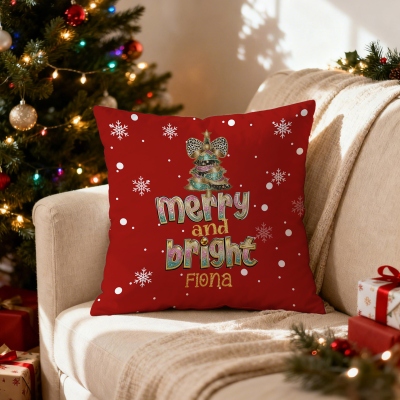 Personalized Name Bow Christmas Tree Merry and Bright Throw Pillow Cover with Leopard Prints, Home Decor, Christmas Gift for Girls/Family/Friends
