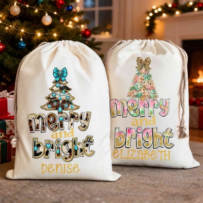 Personalized Name Leopard Printed Bow Christmas Tree Merry and Bright Gift Bag, Canvas Christmas Sack with Drawstring, Christmas Gift for Kids/Family