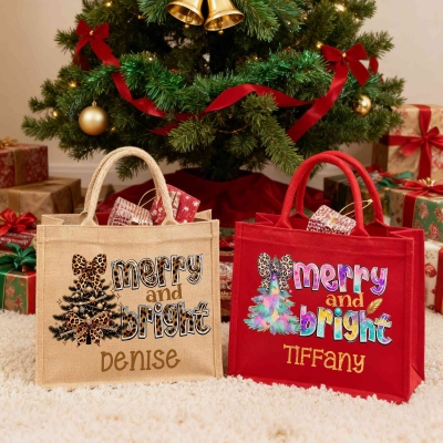 Custom Name Leopard Printed Bow Christmas Tree Merry and Bright Tote Bag, Large Capacity Jute Bag, Holiday Party Favor, Christmas Gift for Kids/Family