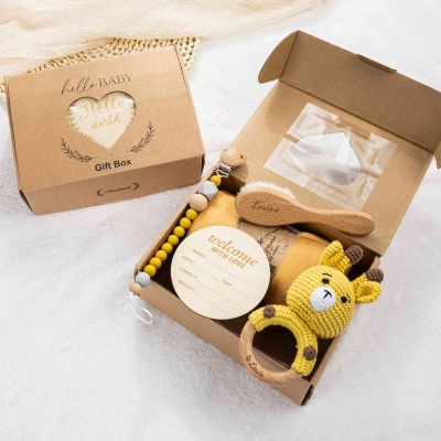 Personalized Name Crochet Animal Baby Rattle/Pacifier Clip/Swaddle/Comb Gift Box Set, Wooden Infant Teethers, Baby Shower/Birthday Gift for Newborns