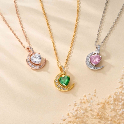 Personalized Crescent Moon Necklace with Heart Birthstone, Sterling Silver 925 Dainty Moon & Star Necklace, Birthday/Mother's Day Gift for Her/Mom