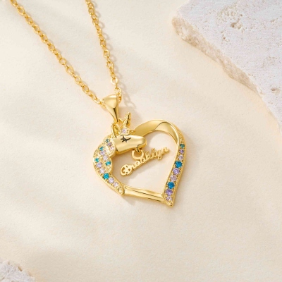 Personalized Name Unicorn Heart Necklace with Cubic Zirconia, Sterling Silver 925 Dainty Jewelry, Birthday/Christmas Gift for Daughters/Girls/Women