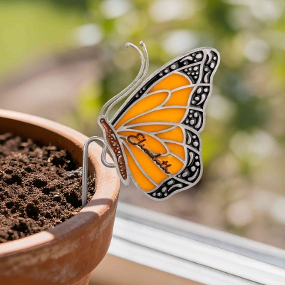 Personalized Stained Glass Butterfly Monarch Suncatcher with Name, Garden Pot Butterfly Bird Decoration, Birthday/Memorial Gift for Women/Best Friend