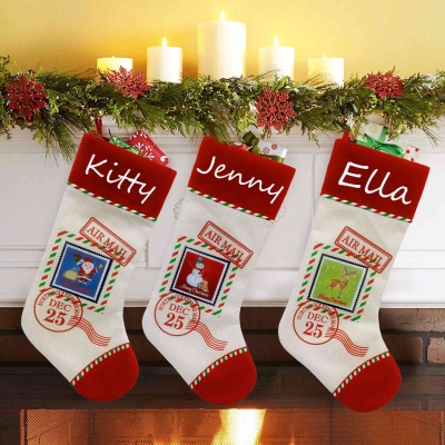Personalized Embroidered Name Christmas Stocking, Knitted Family Stamp Design Stocking, Winter Holiday Home Decor, Christmas Gift for Family/Kids
