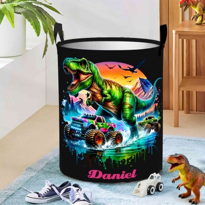 Custom Name Monster Truck & Dinosaur Collapsible Storage Basket with Handle, Large Capacity Laundry Basket for Bedroom/Living Room, Gift for Boys/Kids