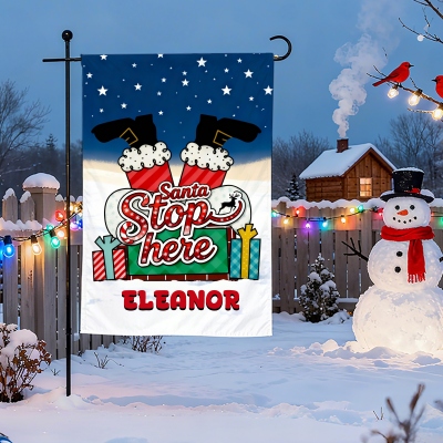 Personalized Santa Stop Here Garden Flag with Name, Santa in Chimney Yard Porch Outdoor Christmas Decor, Christmas Gift for Mom/Grandma/Family