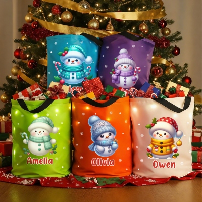 Personalized Name Cartoon Snowman LED Light Christmas Bag, Light-Up Candy Basket Treat Bucket, Holiday Party Favor, Christmas Gift for Kids/Boys/Girls
