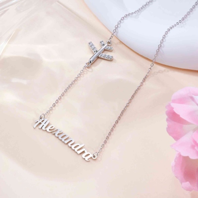 Personalized Name Sideways Airplane Necklace, Sterling Silver 925 Dainty Jewelry, Gift for Travel Lovers/Pilots/Flight Attendants/Aviation Enthusiasts