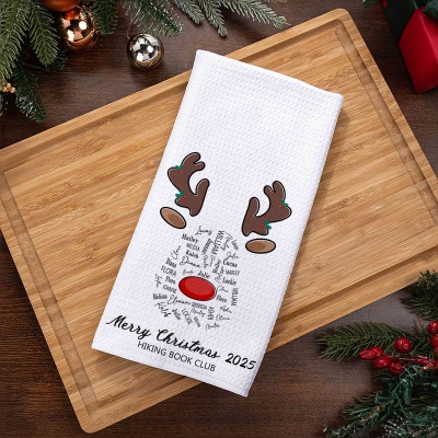 Personalized Names Christmas Elk Waffle Weave Dish Towel, Absorbent Tea Towel, Kitchen Accessory, Housewarming/Christmas Gift for Hostess/Mom/Family