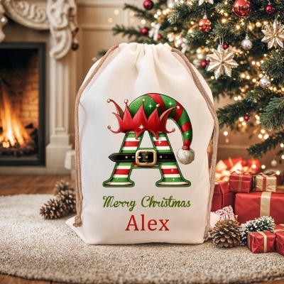 Christmas Elf Hat Initial Name Gift Bag – Personalized Santa Sack with Custom Name, Holiday Gift Bag for Kids & Family
