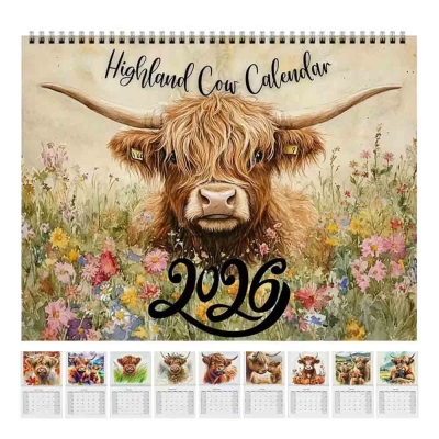Highland Cow 12 Months Calendar 2026, Watercolor Monthly Wall Calendar, Home Decor, Birthday/Christmas Gift for Highland Cow Lovers/Farmers/Family