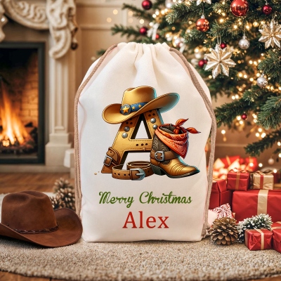 Christmas Cowboy Boot Initial Name Gift Bag – Personalized Santa Sack with Custom Name, Western Christmas Gift Bag for Kids & Family