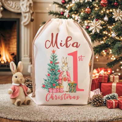 Custom Name Peter Rabbit Baby's First Christmas Gift Bag with Holiday Tree Ornament, Canvas Christmas Sack with Drawstring, Christmas Gift for Newborn