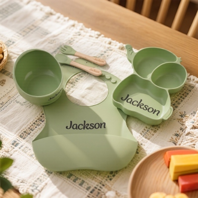 Custom Food Grade Silicone Elephant Baby Divided Suction Feeding Set with Name, New Baby Toddler Dinnerware, First Birthday/Baby Shower Gift
