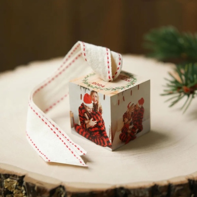 Personalized Photo Cube Christmas Ornament with Text, Wooden Christmas Tree Hanging Ornament, Holiday Home Decoration, Christmas Gift for Kids/Family