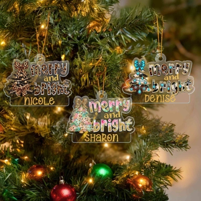 Custom Name Leopard Print Bow Christmas Tree Merry and Bright Ornament, Acrylic Christmas Tree Hanging Decor, Christmas Gift for Girls/Kids/Family