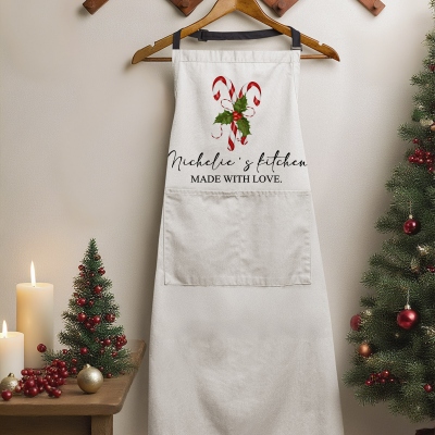 Personalized Candy Cane Apron with Name & Text, Chef Apron with Pocket & Adjustable Strap, Kitchen Accessory, Christmas Gift for Cooks/Bakers/Family