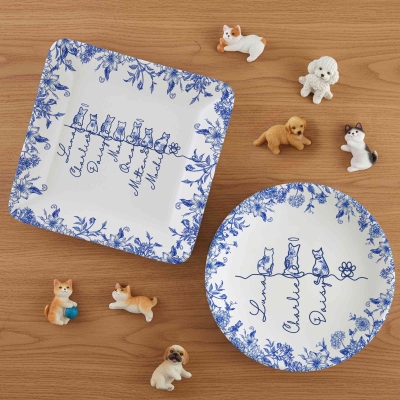 Personalized Names Toile de Jouy 1-7 Pets Memorial Jewelry Dish, Round/Square Ceramic Trinket Dish Tray, Birthday/Christmas Gift for Pet Lovers/Owners