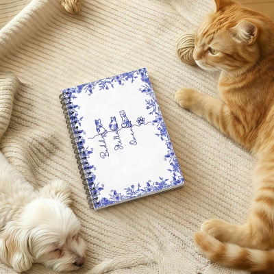 Personalized Names 1-7 Pets Toile de Jouy Design Notebook, Softcover A5 Spiral Journal, Birthday/Christmas/Memorial Gift for Pet Lovers/Owners