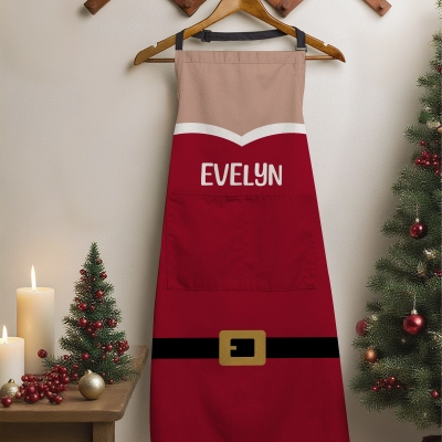 Personalized Name Full Color Santa Belt Apron, Chef Apron with Pocket & Adjustable Strap, Kitchen Accessory, Christmas Gift for Cooks/Bakers/Family