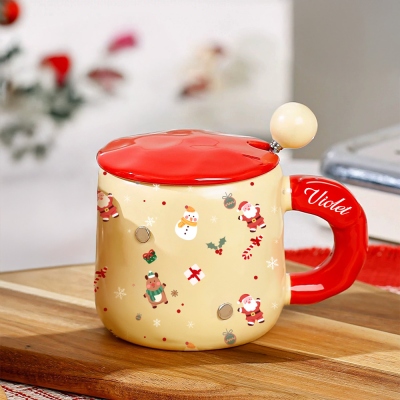 Personalized Name Christmas Theme Mug with Magnetic Photo Decors, Ceramic Mug with Lid and Spoon, Christmas Stocking Stuffer, Christmas Gift for Kids