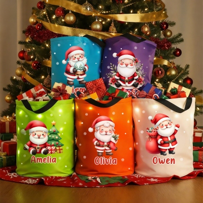 Custom Name Cartoon Santa Claus LED Light Christmas Bag with Handle, Light-Up Candy Basket Treat Bucket, Holiday Party Favor, Christmas Gift for Kids