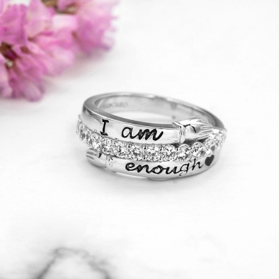 Custom Double Names “I Am Enough” Hug Ring with Birthstone, Sterling Silver 925 Self Love Ring, Inspirational Jewelry, Birthday Gift for Friends/Women