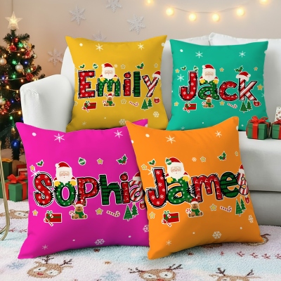 Personalized Name Cartoon Christmas Theme Throw Pillow Cover, Pillowcase with Optional Insert, Home Decor, Christmas Gift for Kids/Family/Friends