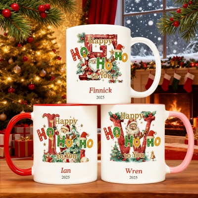 Custom Initial & Name Happy Hohoho to You Christmas Mug, 11oz/15oz Two Tone Ceramic Coffee Tea Mug with Coaster, Christmas Gift for Family/Friends