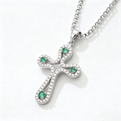 Custom 1-4 Birthstones Cross Necklace, Elegant Sterling Silver 925 Christian Faith Jewelry, Birthday/Baptism/Christmas Gift for Family/Women/Friends