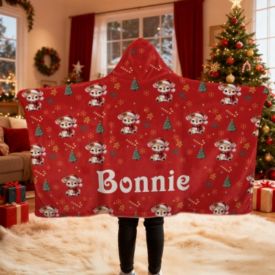 Personalized Christmas Cartoon Animals Soft Hooded Blanket with Name, Multicolor Christmas Hooded Blanket, Christmas Gift for Kids