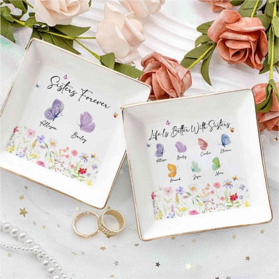 Personalized Life Is Better with Besties Butterfly Jewelry Dish with Names, Square Ceramic Trinket Tray, Birthday/Anniversary Gift for Besties/Sisters