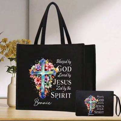 Personalized Name Cross Bible Verses Floral Tote Bag & Coin Purse Set, Christening Scripture Bag, Birthday/Christmas/First Communion Gift for Women