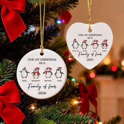 Custom Names Our First Christmas Penguin Family Ceramic Ornament, Heart/Round Christmas Tree Hanging Decor, Xmas Keepsake, Christmas Gift for Family