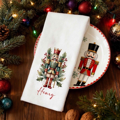 Custom Name Holly Nutcracker Christmas Waffle Weave Dish Towel, Microfiber Absorbent Kitchen Towel, Housewarming/Christmas Gift for Hostess/Mom/Family