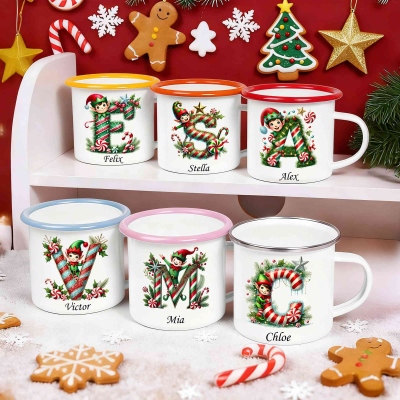 Personalized Elf & Candy Cane Alphabet Enamel Mug with Name, 12oz Shatterproof Cup with Handle, Cocoa Milk Mug, Christmas Gift for Kids/Boys/Girls
