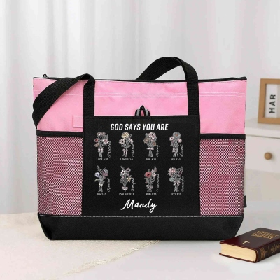 Custom Name Birth Flowers God Says You Are Bible Verses Tote Bag, Large Capacity Oxford Cloth Bag with Mesh Pocket, Birthday Gift for Her/Mom/Grandma