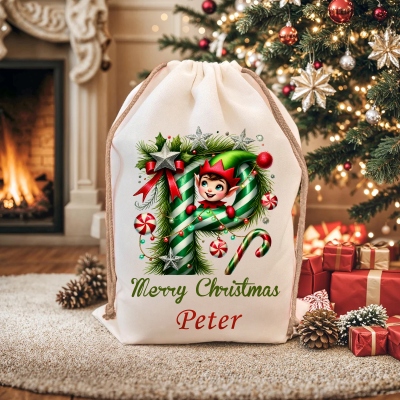 Custom Name Elf & Candy Cane Alphabet Christmas Gift Bag, Canvas Christmas Sack with Drawstring, Holiday Party Favor, Christmas Gift for Kids/Family