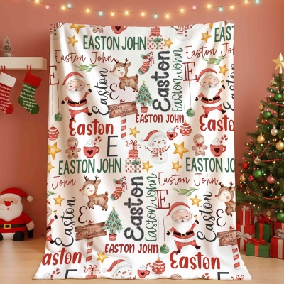 Personalized Name Christmas Theme Flannel/Sherpa Blanket, Soft Cozy Throw for Bed Couch, Home Decor, Birthday/Christmas Gift for Kids/Boys/Girls