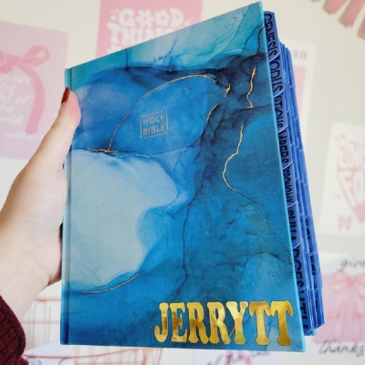 Personalized Blue Marbled Leather Cover NIV Bible Collector's Edition with Laminated Tabs