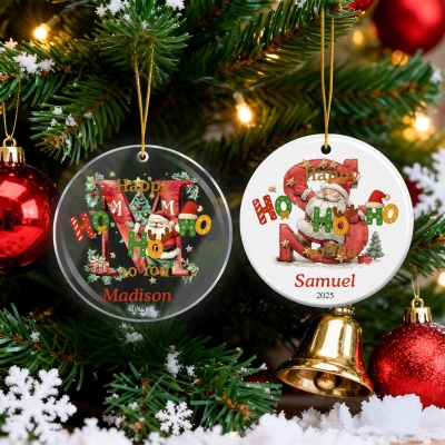 Personalized Initial & Name Happy Hohoho to You Christmas Ornament, Acrylic/Ceramic Holiday Tree Hanging Decor, Christmas Gift for Kids/Family